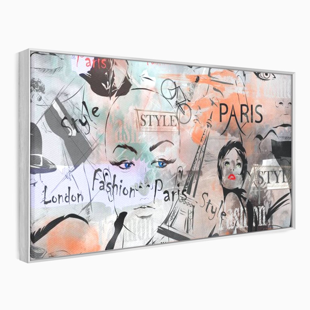 Tablou canvas cu ilustratia digitala cu tematica fashion, in rama de aluminiu argintiu